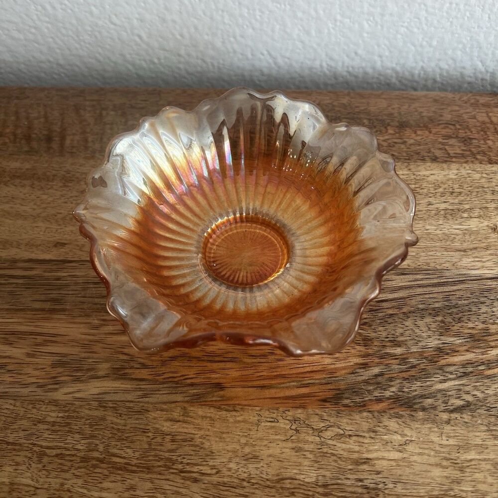 Vintage Marigold Carnival Glass Serving Bowl, 6", Starburst, Ribbed & Ruffled - Picture 5 of 7